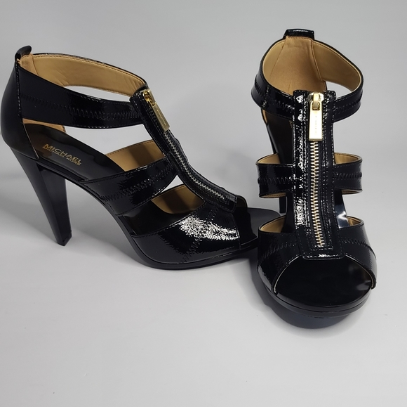 NEW! Michael Kors Berkley Black T Strap Zip Crackl - Picture 1 of 5